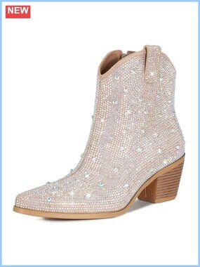Rhinestone Cowboy Ankle Boots Chunky Heel Sparkly Western Booties